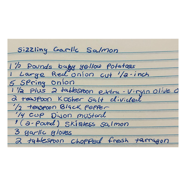 Handwritten: Sizzling Garlic Salmon recipe