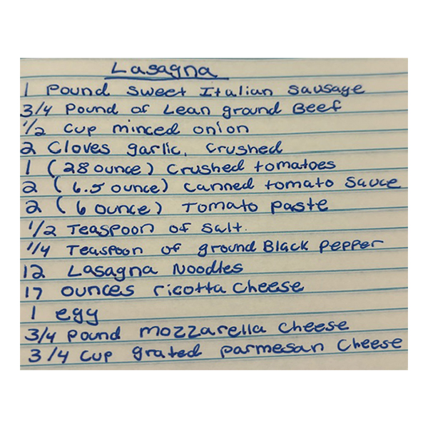 Handwritten: Lasagna recipe