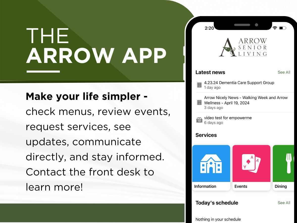 Promotional graphic for the Arrow app showing a smartphone screen with features like news, dining, events, and schedules, encouraging residents to stay informed.